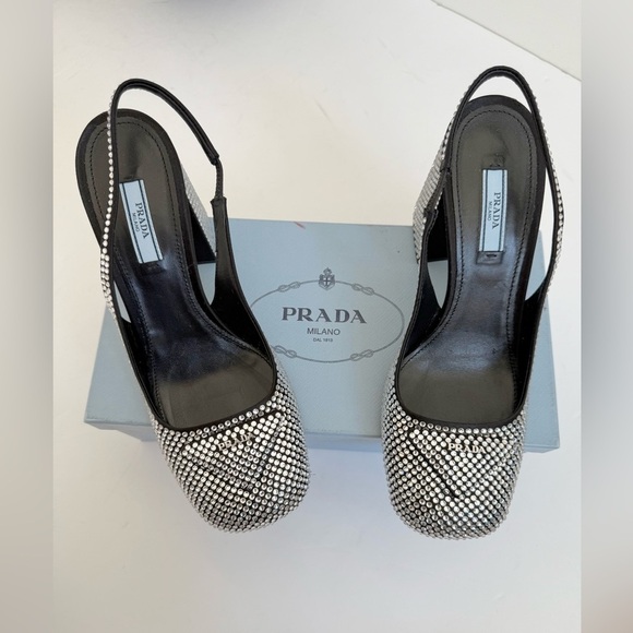 PradaBlack Satin Leather Jewel embellished Triangle logo slingback pumps EU 39 - Picture 13 of 14